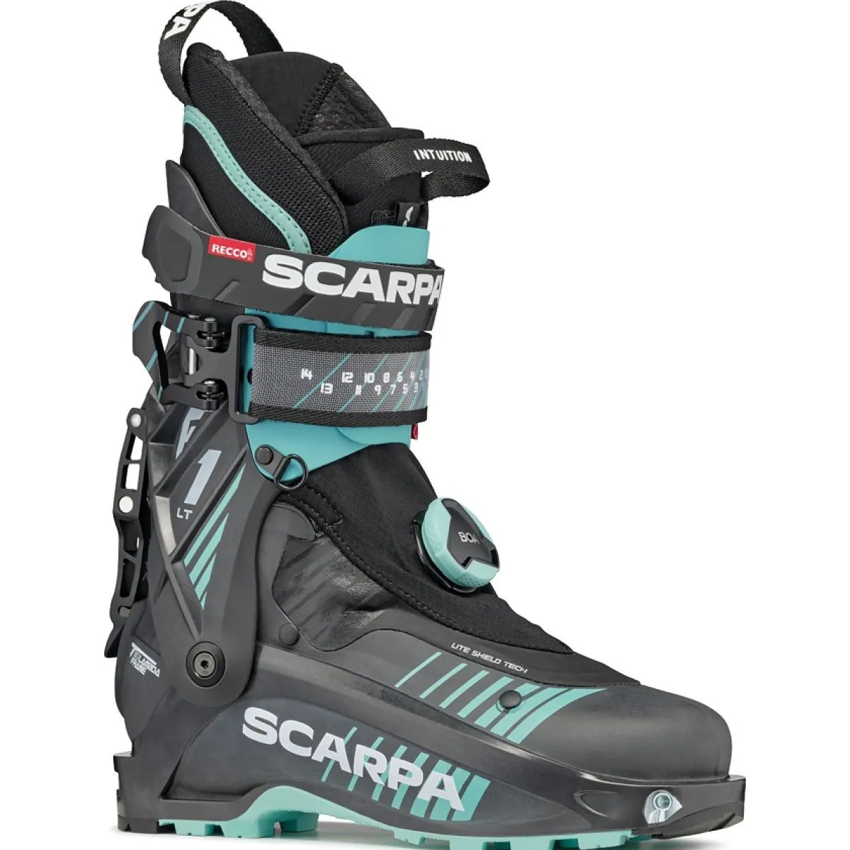 SCARPA F1 LT women's ski mountaineering boots Carbon/Aqua Shop